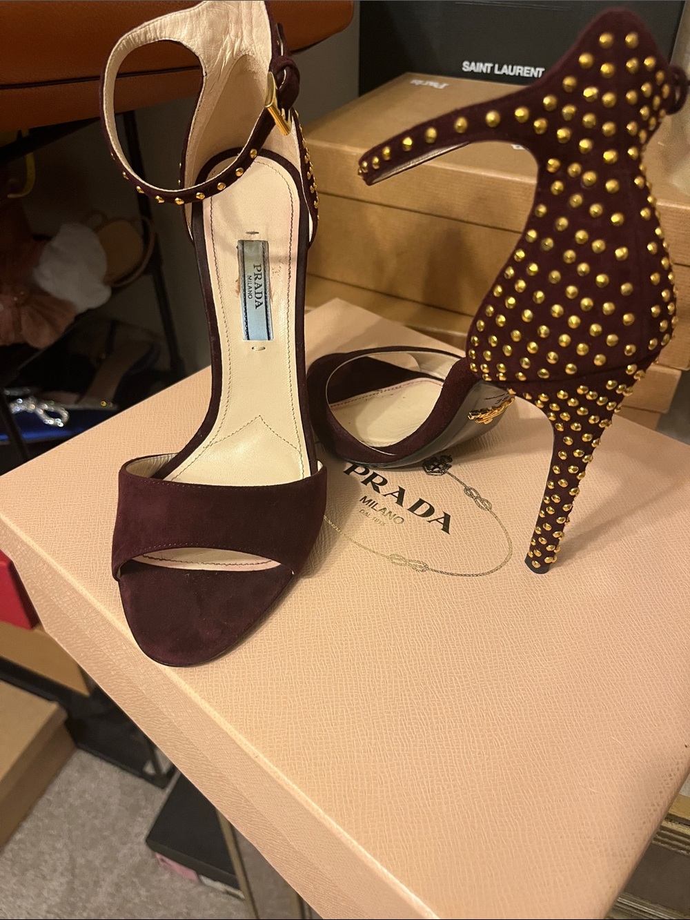 Prada Burgundy Suede Studded Ankle-Strap Heels